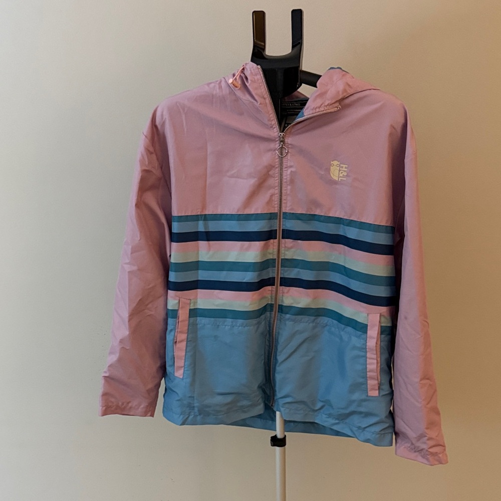 Harper & Lewis Women's Pink Blue Striped Windbreaker Hooded Jacket Size Large